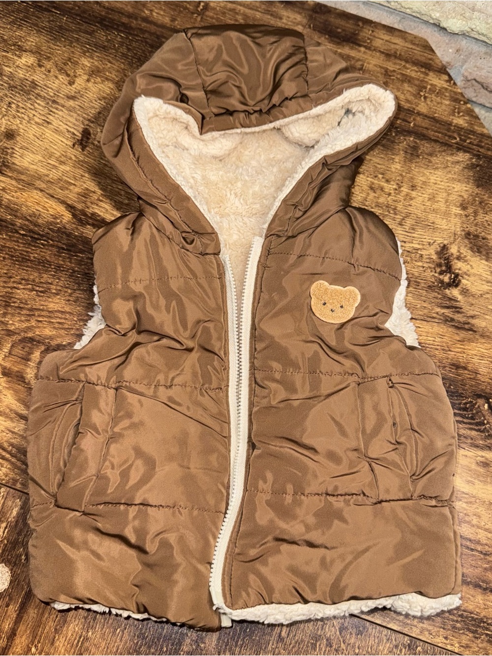 Kids Brown Hooded Sherpa-Lined Vest with Bear Patch Double-sided 6-9Months